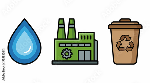 A graphic representation of water, a factory, and a recycling bin, conveying themes of sustainability, environmental responsibility, and industry impact in a modern design.