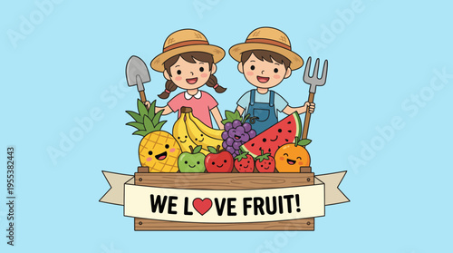 Two happy children in straw hats hold garden tools and stand proudly with fresh fruits, showcasing their love for farming and healthy eating in a colorful, inviting style.