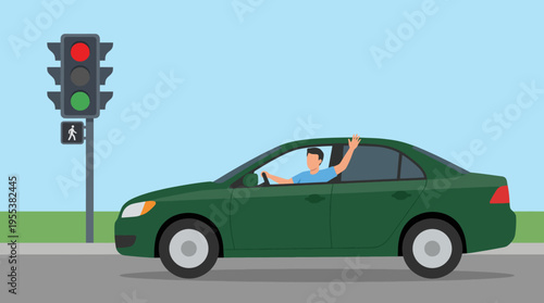 A cheerful driver in a green car waves at pedestrians at a traffic light, symbolizing friendliness and connection in everyday commuting scenes within urban environments.