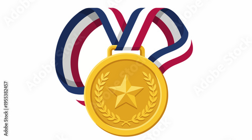 A vibrant gold medal with a standout star in the center, draped with blue and red ribbons, representing achievement and excellence in various competitive fields.
