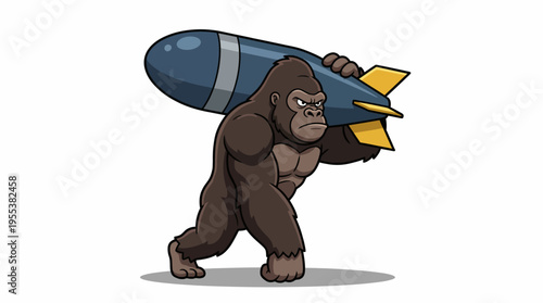 A powerful illustration of a gorilla confidently carrying a missile, symbolizing strength and determination in a cartoonish style, set against a clean backdrop.