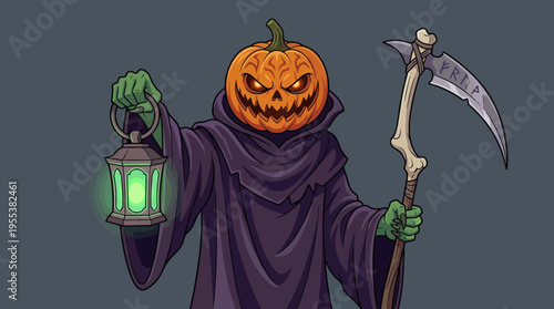 A captivating depiction of a cloaked figure with a glowing pumpkin head, holding a lantern, evoking thoughts of Halloween, mystique, and seasonal spirit.