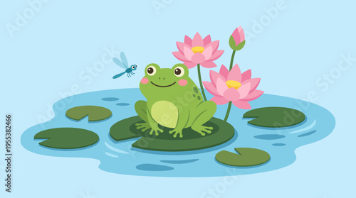 A vibrant green frog sits happily on a lily pad surrounded by beautiful pink lotus flowers in a tranquil blue pond, showcasing a serene natural environment.