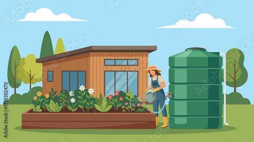 A dedicated gardener waters vibrant flowers in a wooden garden bed next to a contemporary house, emphasizing sustainability and the beauty of gardening.