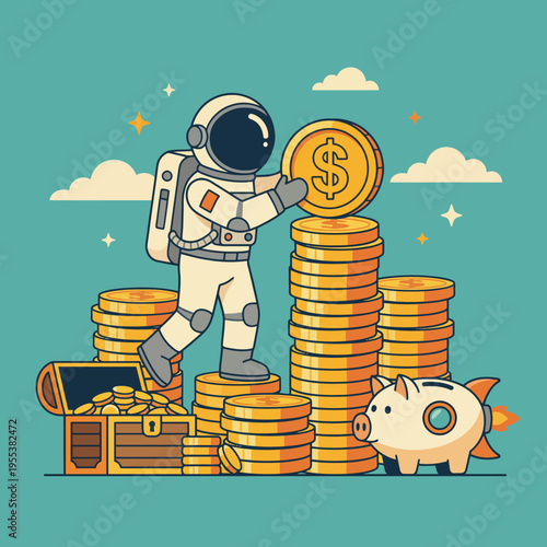 An imaginative astronaut stands atop stacks of gold coins while holding a dollar coin, symbolizing exploration, wealth, and the infinite possibilities of space.
