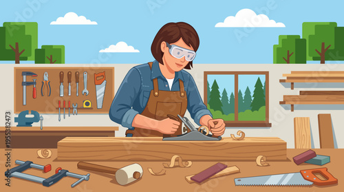 A skilled carpenter uses a hand planer on a wooden beam in a bright workshop filled with various tools, showcasing craftsmanship and the artistry of woodworking.