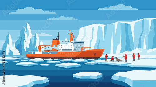 An orange research vessel is depicted navigating through icy waters, accompanied by scientists studying seals, emphasizing environmental research in polar climates.