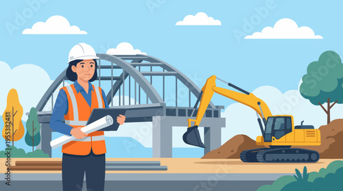 An engineer stands proudly with blueprints near a bridge construction site, showcasing modern engineering and project management in a dynamic and productive environment.