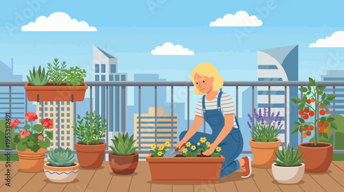 A cheerful individual engaged in gardening on a balcony filled with a variety of plants and flowers, reflecting a passion for nature and the joy of urban horticulture.