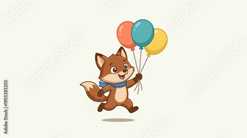 A playful cartoon fox joyfully holds colorful balloons, embodying a sense of fun and celebration, appealing to children's imagination and the whimsical side of life.