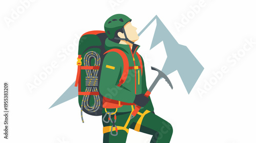 A determined mountain climber, geared up with a backpack and ice axe, stands ready for an adventurous ascent, symbolizing perseverance and the thrill of exploration.