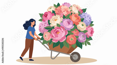 A woman happily pushes a wheelbarrow overflowing with colorful, vibrant flowers, embodying the beauty of nature and the joy of gardening in a bright illustration.