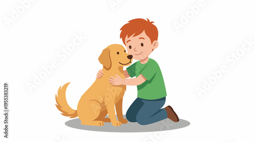A happy child kneels down, lovingly hugging a golden retriever, beautifully capturing the joy and companionship between a child and their pet in a heartwarming illustration.