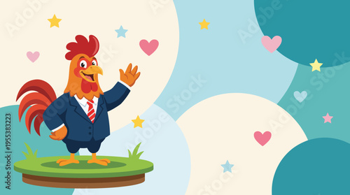 A cartoon rooster dressed in a suit waves cheerfully, combining fun and whimsy with personality, perfect for playful designs and illustrations targeting joyful themes.