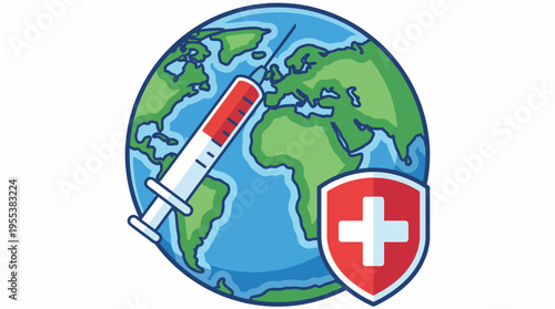 A globe featuring a syringe and a health shield symbolizes global health, vaccination, and safety, reflecting the importance of healthcare in a modern society through art.
