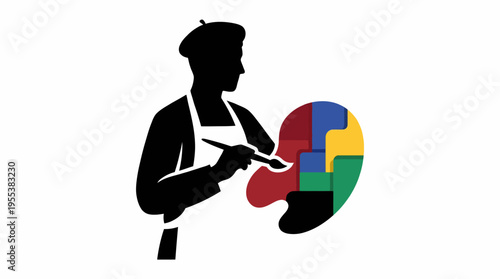The silhouette of an artist holding a brush and palette creates a striking contrast, symbolizing the creative process and artistic expression in a modern styled image.