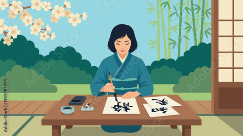 A serene illustration of a woman in traditional attire practicing calligraphy in a lush garden, embodying peace, creativity, and cultural heritage.