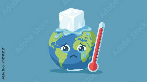 A striking illustration of a sad earth with an iceberg melting on top, symbolizing climate change and environmental awareness in a thought-provoking manner.