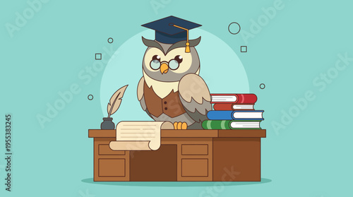 An adorable, wise owl in a graduation cap and glasses sitting on a desk piled with books, symbolizing knowledge and education for school-themed designs.