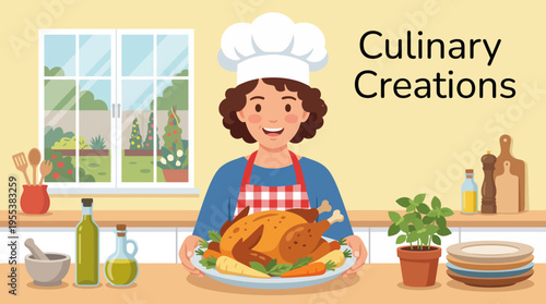 A cheerful chef presents a beautifully arranged roasted turkey along with assorted vegetables and garnishes in a comforting kitchen setting, perfect for festive gatherings.