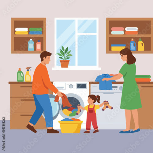 A warm family scene illustrating a parent and child happily engaging in laundry tasks, depicting teamwork and togetherness in a cozy domestic environment filled with everyday items.