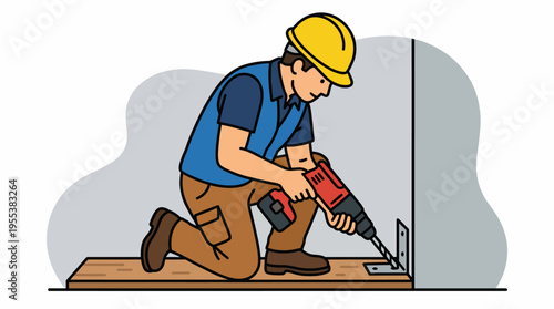 A construction worker wearing a hard hat using a power drill to install a fixture on the floor, showcasing skilled labor and the tools of the trade in a work environment.