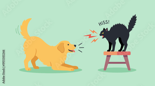 A golden retriever playfully interacting with a black cat that is hissing in response, illustrating the sometimes contentious, funny, and playful nature of animal interactions.