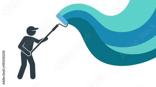 A figure holding a paint roller is working on a wall, creating flowing colorful waves, symbolizing creativity and artistic expression in a modern and vibrant style.