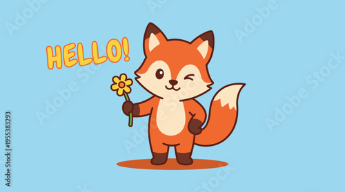 A delightful fox character waving cheerfully while holding a flower, embodying friendship and friendliness, ideal for cheerful greeting cards and designs.