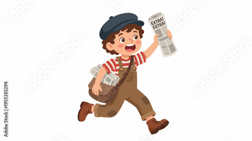 A cheerful young boy in a beret and overalls running with newspapers, embodying the spirit of youth, adventure, and entrepreneurship in a lively urban setting.