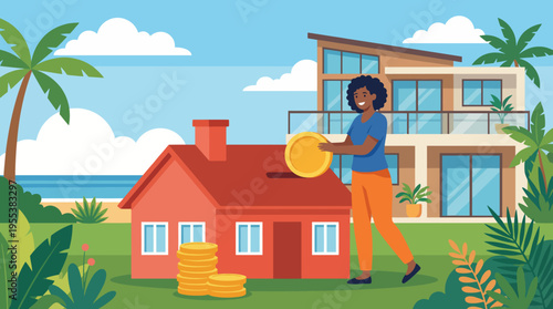 A confident woman stacking coins on top of a modern house, symbolizing financial success, investment, and the rewards of hard work in a bright and tropical environment.