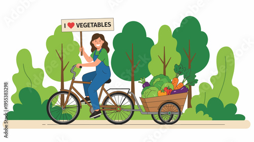 A woman joyfully riding a bicycle with a cart full of fresh vegetables and a sign proclaiming love for vegetables, celebrating healthy living and sustainable choices in a vibrant outdoor setting.