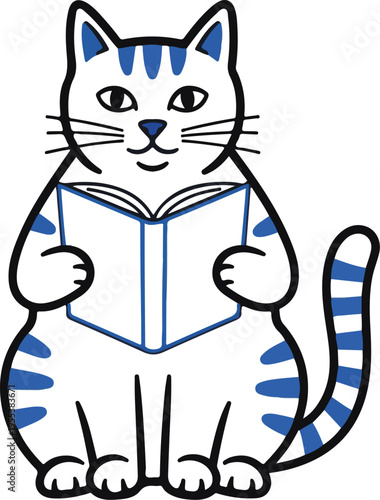 A blue and white cartoon cat wearing a vest