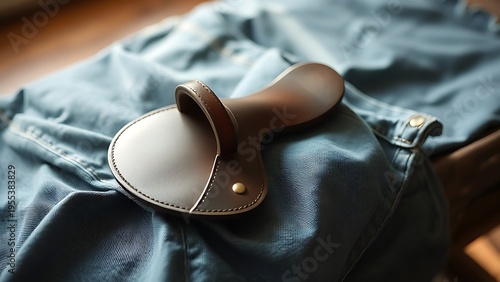 cantle. A solitary saddle cantle resting on worn denim fabric, symbolizing a journey's pause. mobility guides, transit brochures, designed for transport & logistics marketing.