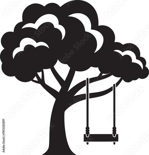 Tree with swing silhouette vector icon for childhood and park nature illustration