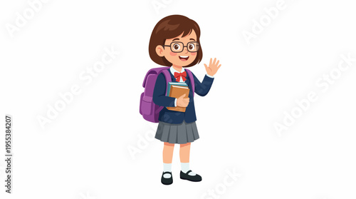 A cheerful schoolgirl waves while holding books inside her backpack, representing the optimism and enthusiasm of children in their educational journeys and friendships.