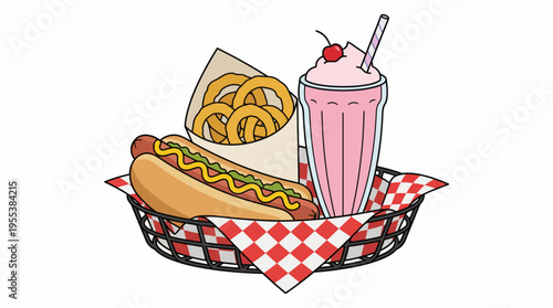 An appetizing assortment of classic fast food items featuring a hot dog, curly fries, and a milkshake in a basket, perfect for satisfying cravings while enjoying casual outings.