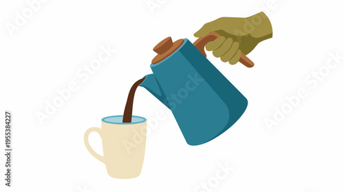 A cozy scene displaying a hand pouring fresh coffee into a cup, conveying warmth, comfort, and the simple pleasures in life associated with enjoying a beverage at home.