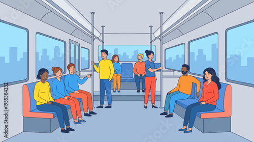 A lively scene depicting a diverse group of people enjoying their ride on a modern public transport vehicle, illustrating community engagement and the dynamics of city life.