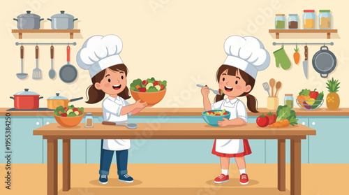 This cheerful image presents two young chefs working together to create delicious salads in a colorful kitchen, reflecting teamwork, creativity, and the joy of cooking wholesome meals.