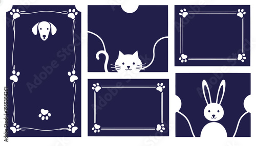 Dark navy minimalist card backgrounds with peeking tails