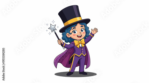 A playful illustration of a child magician showcasing a fun and whimsical character with a top hat, wand, and vibrant attire, embodying imagination and joy.