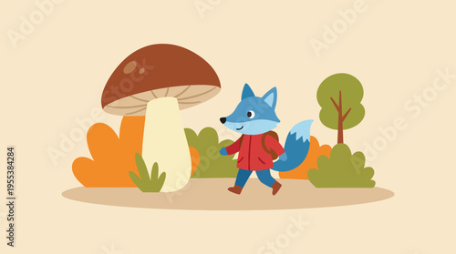 A cute animated fox wandering through a fantastical landscape adorned with oversized mushrooms and colorful foliage, showcasing charm and curiosity in nature.