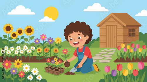 A cheerful child engages in gardening activities, surrounded by colorful flowers and greenery, representing the joy of nurturing nature and creativity in outdoor play.