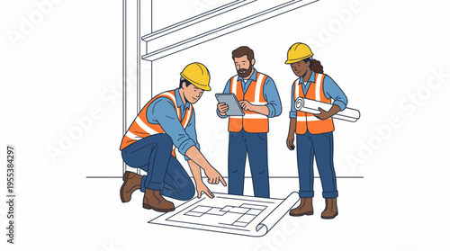 A construction team consisting of three professionals examines blueprints on the ground, showcasing collaboration and teamwork in the building process effectively.