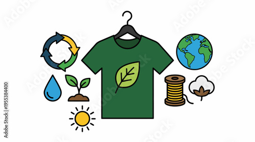 A creative representation of eco-friendly fashion, featuring a green t-shirt adorned with a leaf, alongside symbols of sustainability like water, plants, and the Earth.