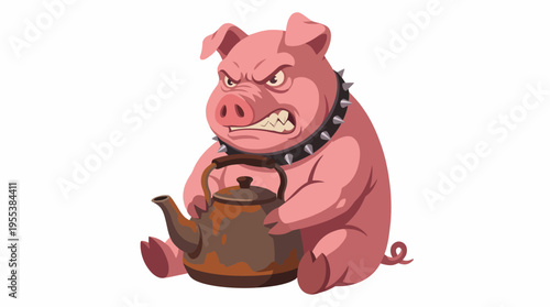 A fierce and cartoonish pig with an angry expression sits firmly holding a rusty teapot, showcasing a unique blend of humor and artistry in this fun and vibrant illustration.