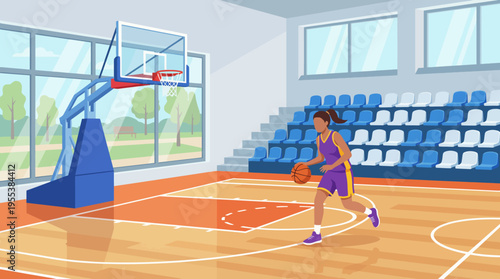 An energetic illustration capturing a female basketball player dribbling on court, reflecting empowerment, athleticism, and passion for sports in a lively indoor gym atmosphere.