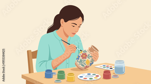 A talented woman engaged in painting colorful pottery, showcasing the creative process and artistic expression, perfect for representing craftsmanship and the joy of art.