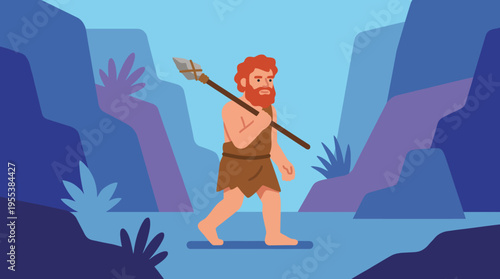 A simplified depiction of a caveman walking through a primitive landscape, holding a spear, representing early man in search of survival and the essence of humanity.